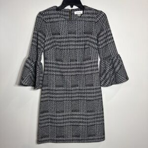 CALVIN KLEIN Gray 3/4 Bell Sleeve Houndstooth Dress Knee‎ Length Women Size 2